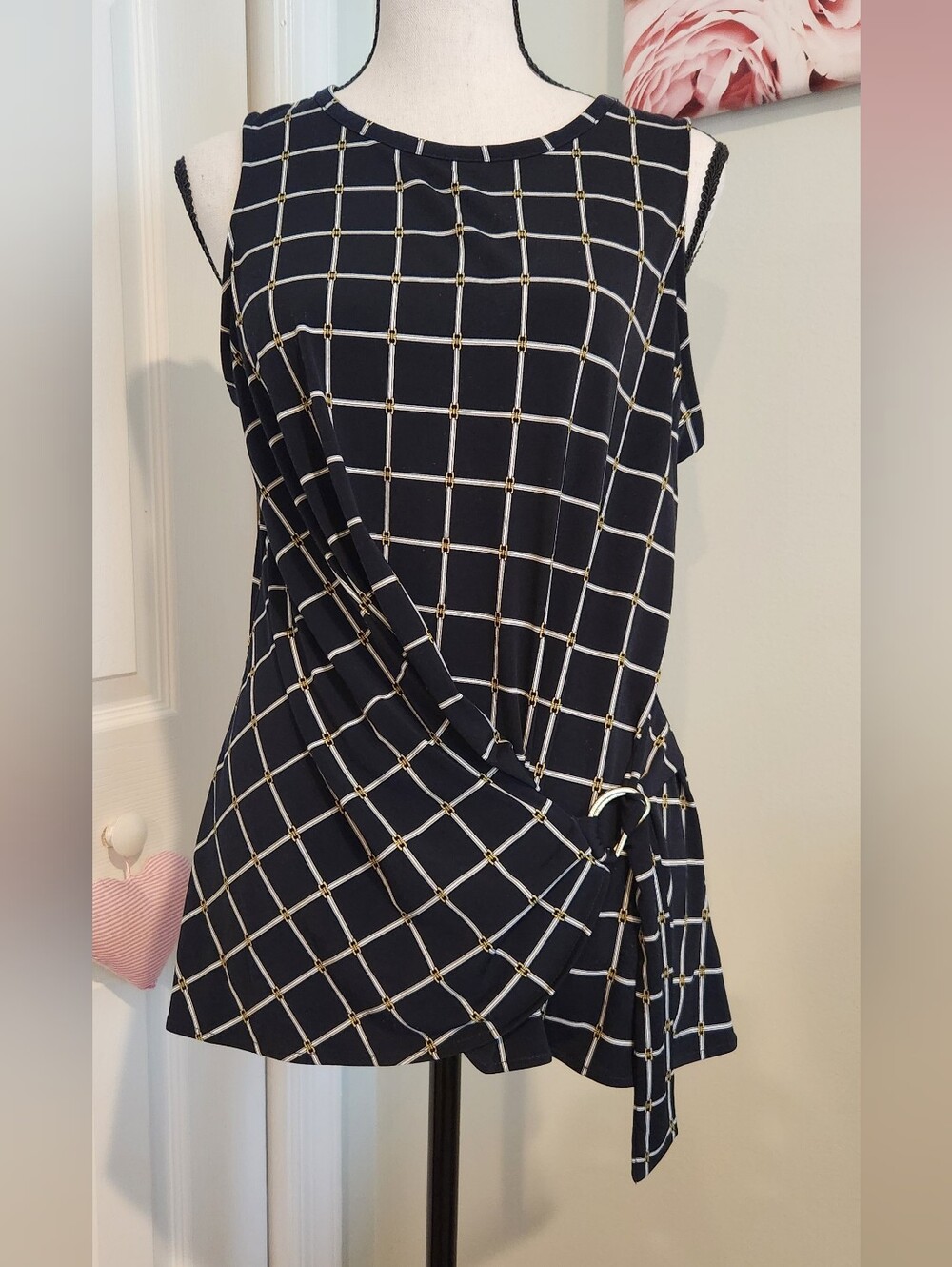 Michael Kors Navy Grid-Print Sleeveless Tie-Waist Blouse